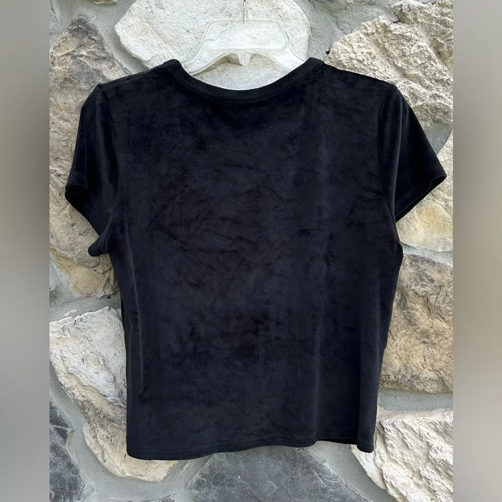 Juicy Couture Velour Crop Top Size L Black Big Rhinestone Bling Logo Y2K Style
